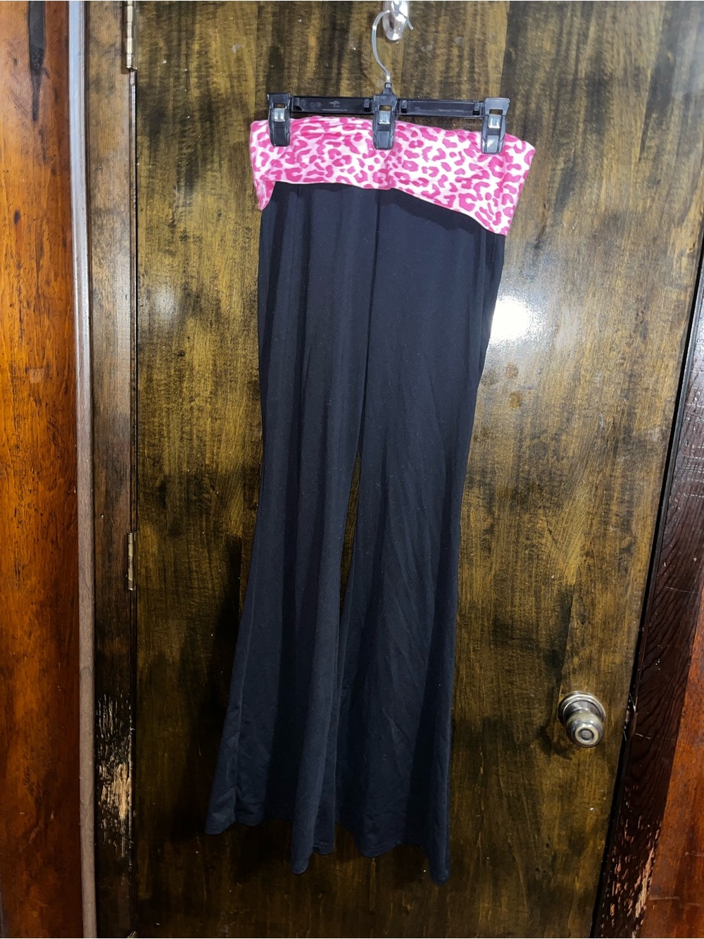 SHEIN Y2K Black Flared Pants with Pink Leopard Foldover Waistband